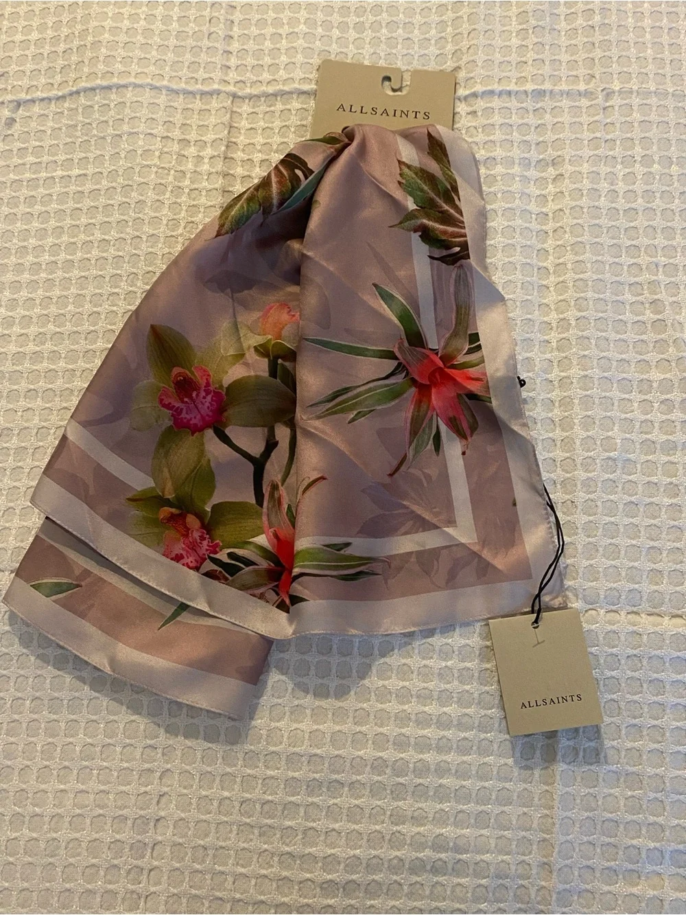 NWT AllSaints Adena Pink Square Blush 100% Silk Floral Scarf 30x30 inç